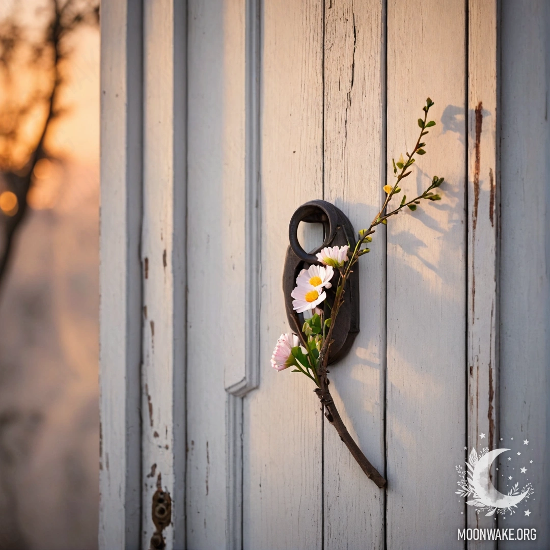 A shabby door adorned with twigs and flowers hangs quietly under the fading light of sunset.