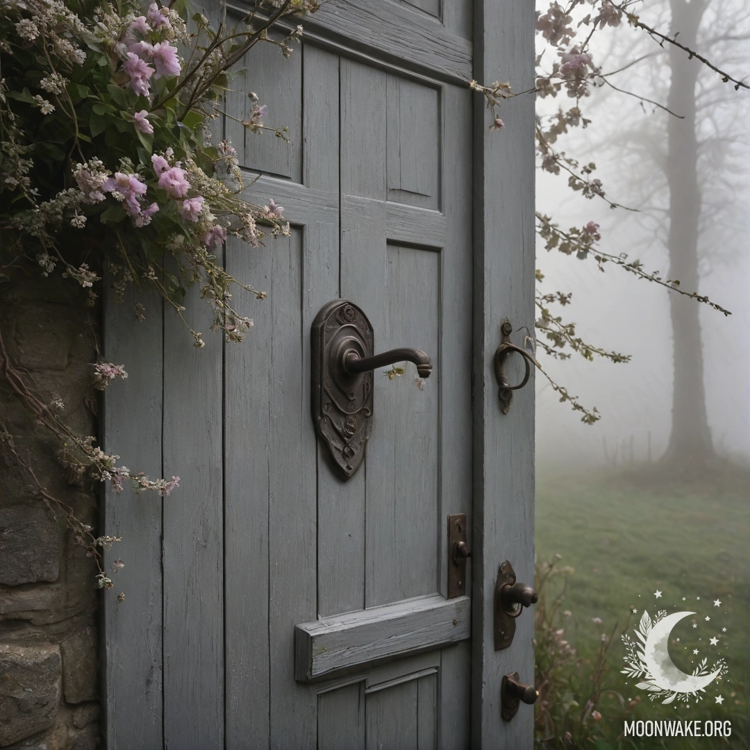 Shabby Door Adorned with Twigs and Flowers A shabby door with twigs and flowers on the handle, shrouded in dense mist.