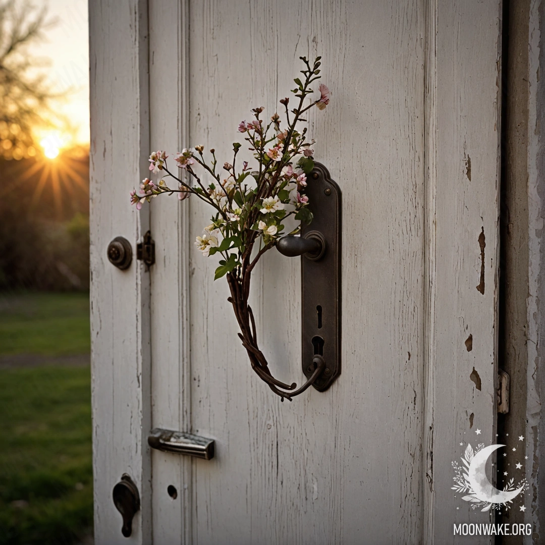 Shabby Door with Blooms at Sunset A shabby door adorned with twigs and flowers on the handle during sunset.