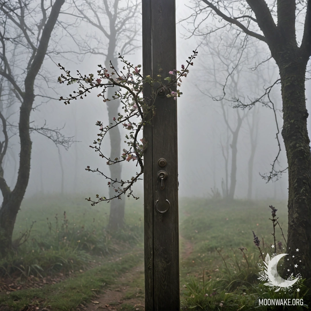 A shabby door adorned with twigs and flowers on the handle, surrounded by dense mist.