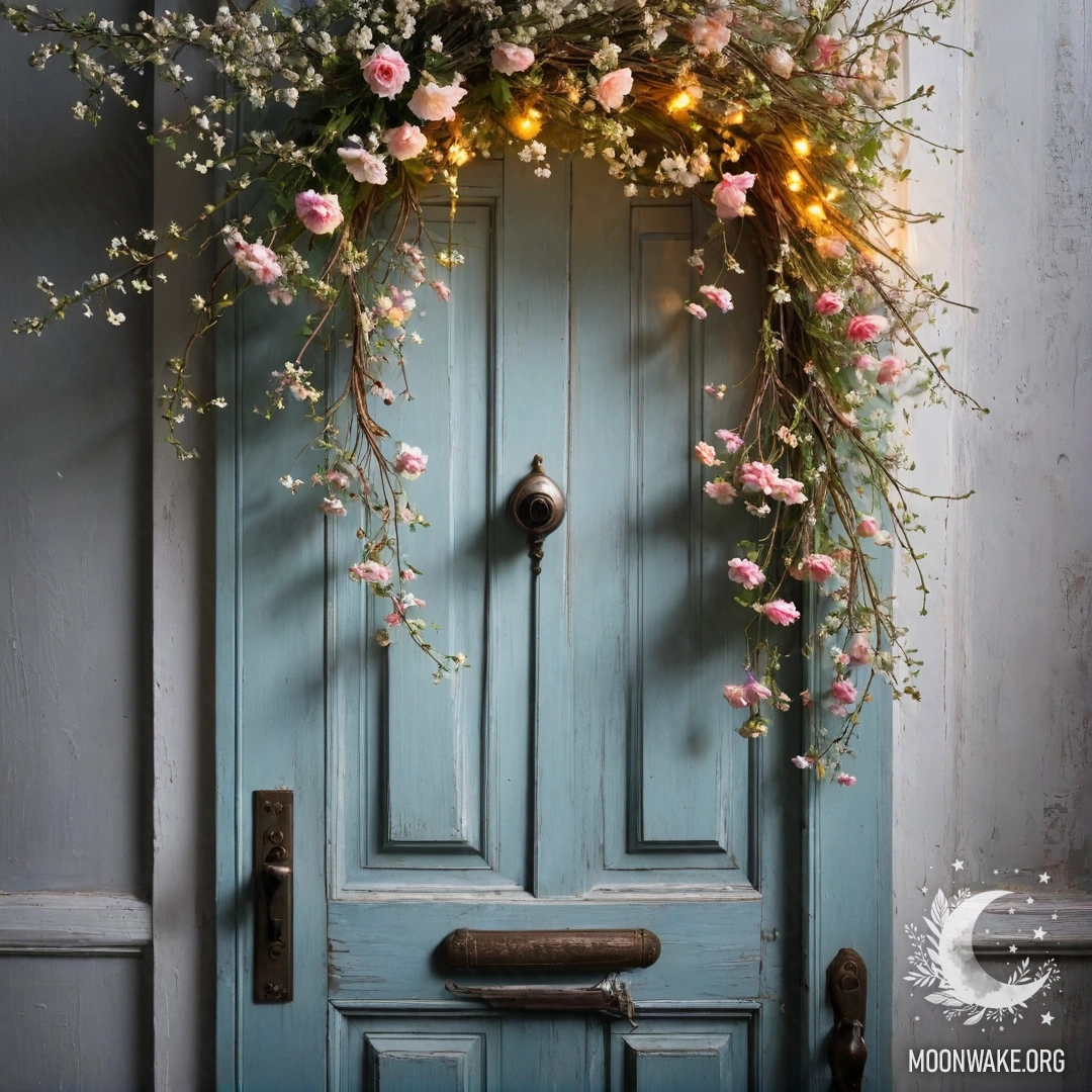 A shabby door adorned with twigs and flowers on the handle, illuminated by soft garland lights.