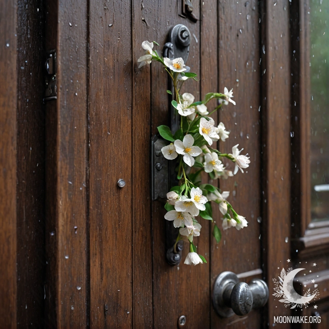 Shabby Door with Floral Twigs A photorealistic depiction of a shabby door adorned with twigs and flowers, under the gentle touch of rain.
