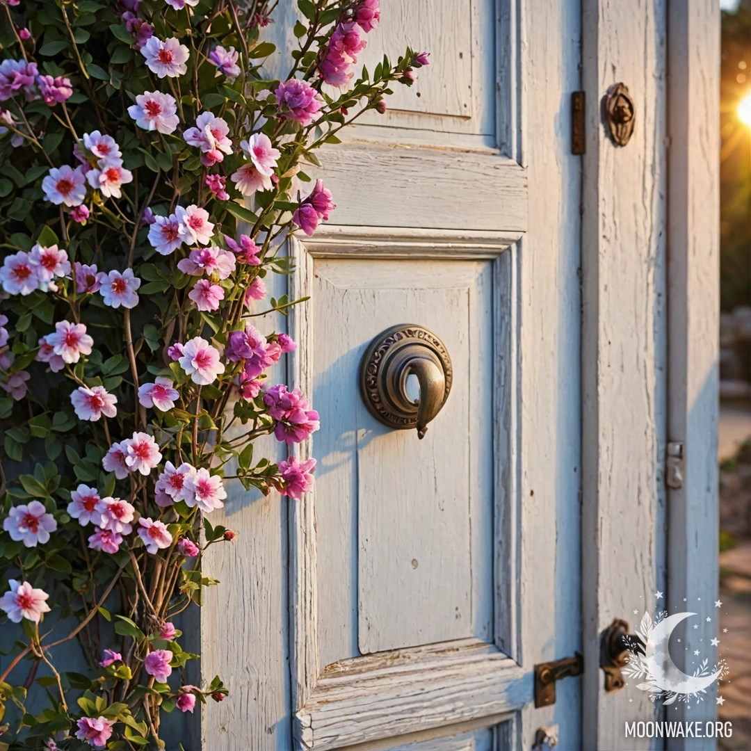 Shabby Door with Flower Twigs A shabby door adorned with flower twigs on the door handle during sunset.