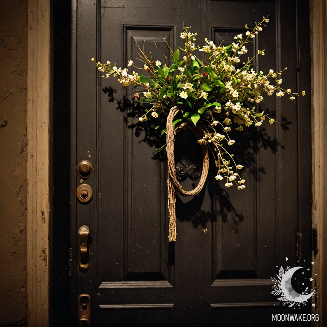 A shabby door adorned with twigs and flowers on the handle, set against the night sky.