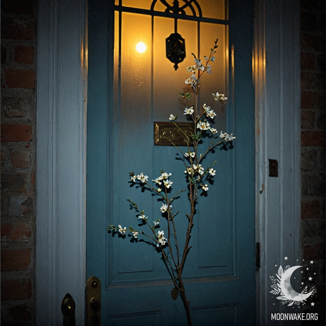 A shabby door adorned with twigs and flowers on the handle during the night.
