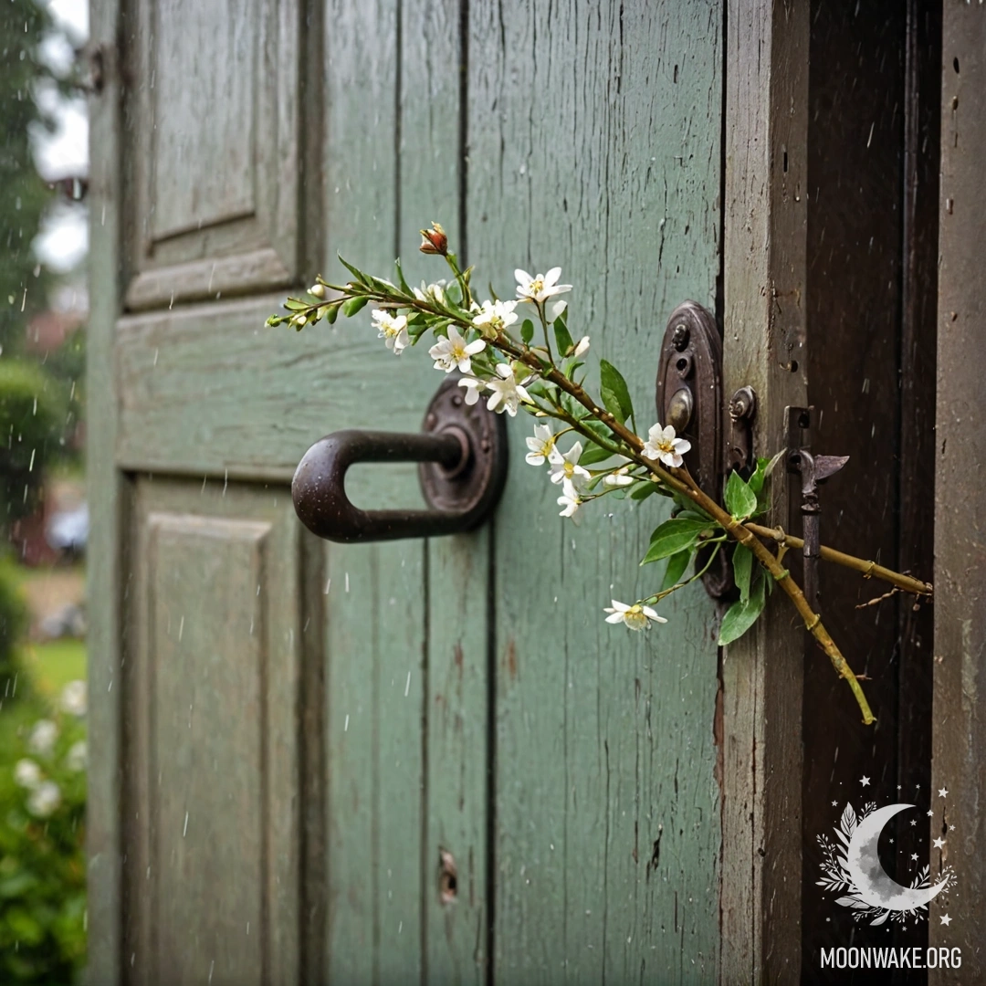 A shabby door adorned with twigs and flowers on the handle, drenched in rain.