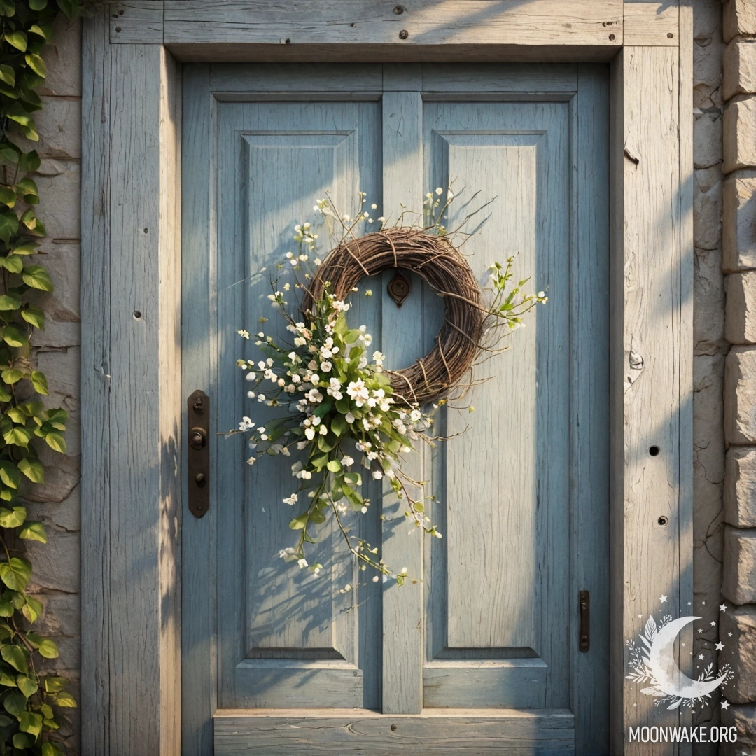 A shabby door adorned with twigs and flowers on the handle, illuminated by sun rays.