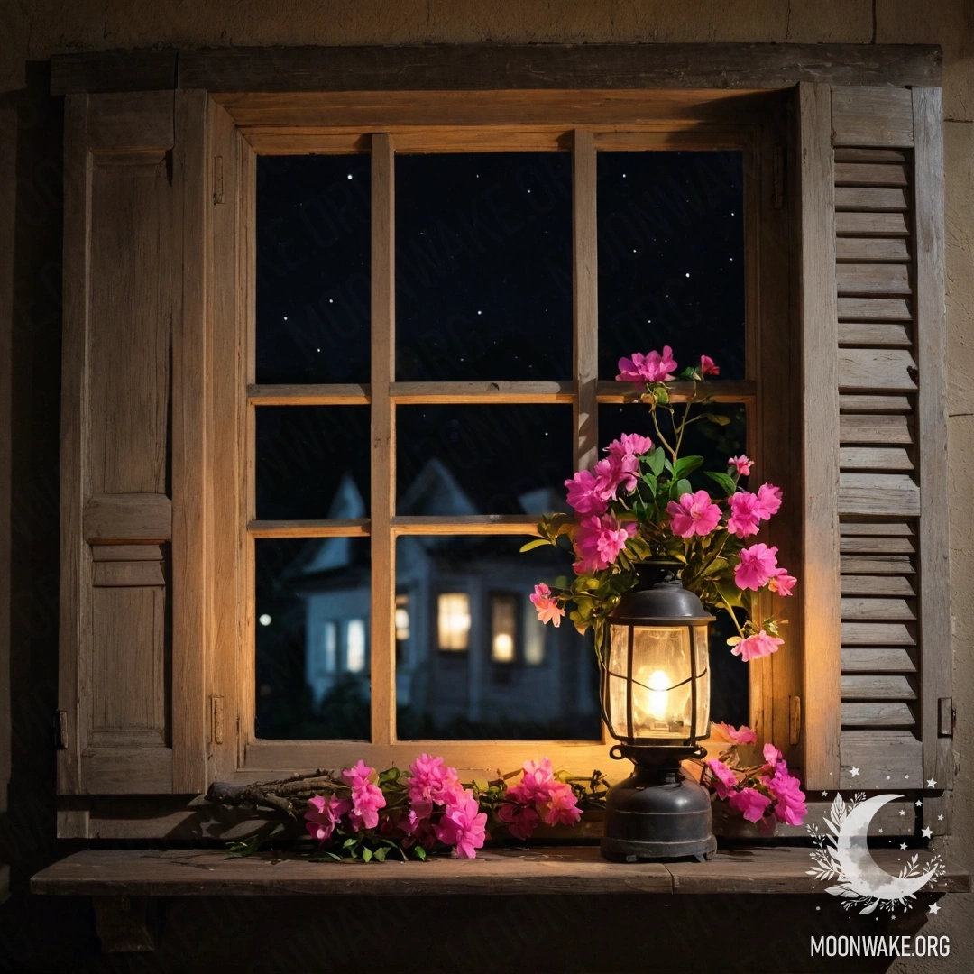 A shabby door adorned with twigs and flowers on the handle, illuminated at night.