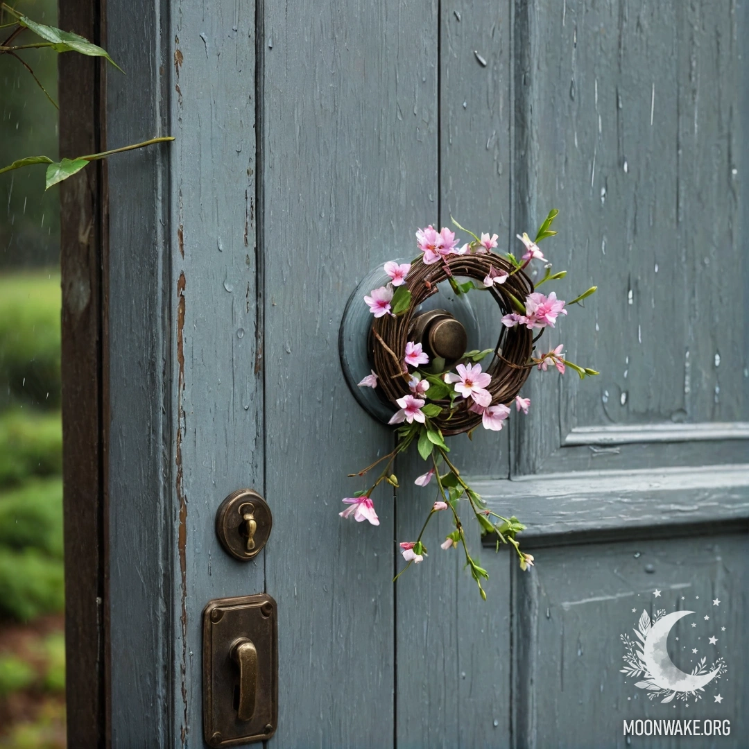 A weathered door adorned with twigs and flowers, rainy ambiance.