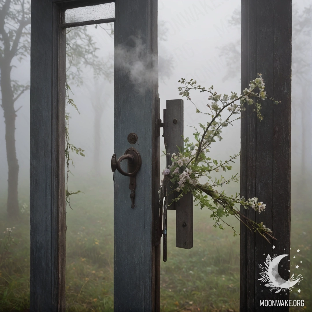A shabby door surrounded by dense fog with twigs and flowers on the handle.