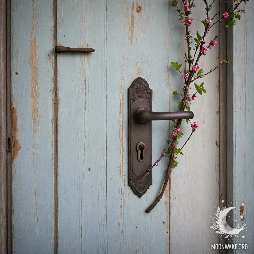 A shabby door adorned with delicate twigs and flowers on the handle.