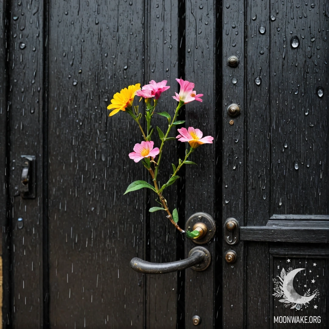 Shabby Door with Flowers A shabby door with twigs and flowers on the handle, under rain.