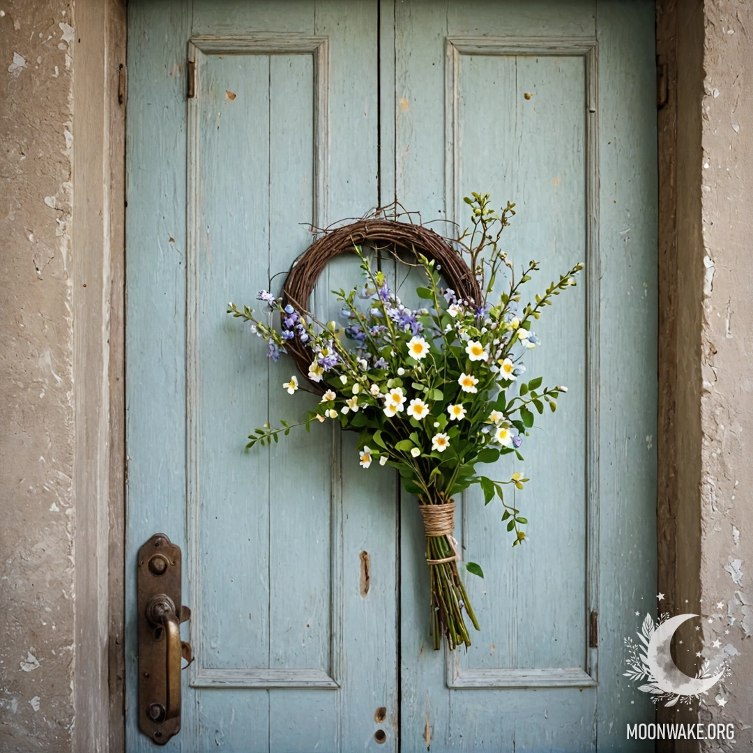 A shabby door adorned with twigs and flowers on its handle.