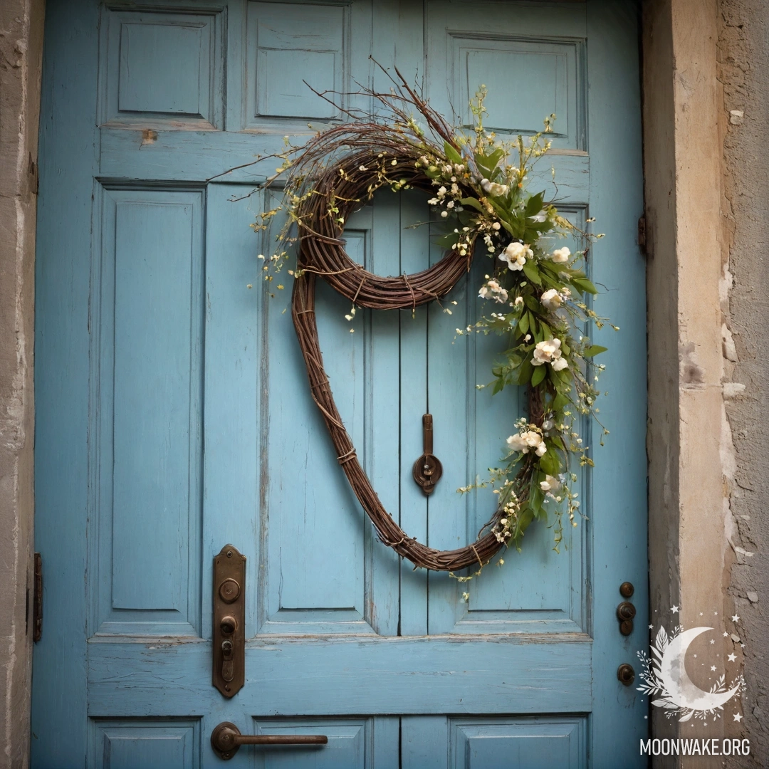 A shabby door adorned with twigs and flowers on the handle, illuminated by soft garland lights.