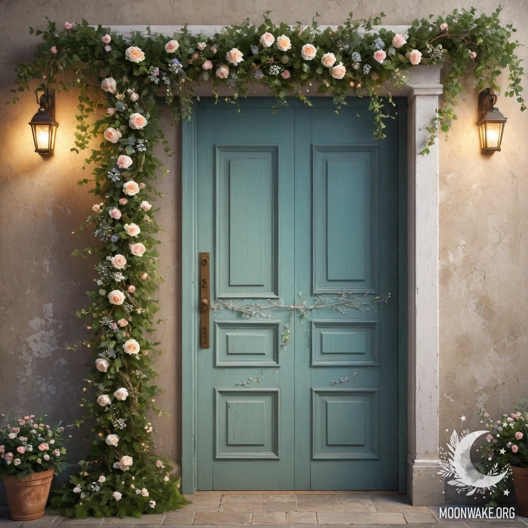 A shabby door adorned with twigs and flowers, with a garland of lights wrapping around the door handle.