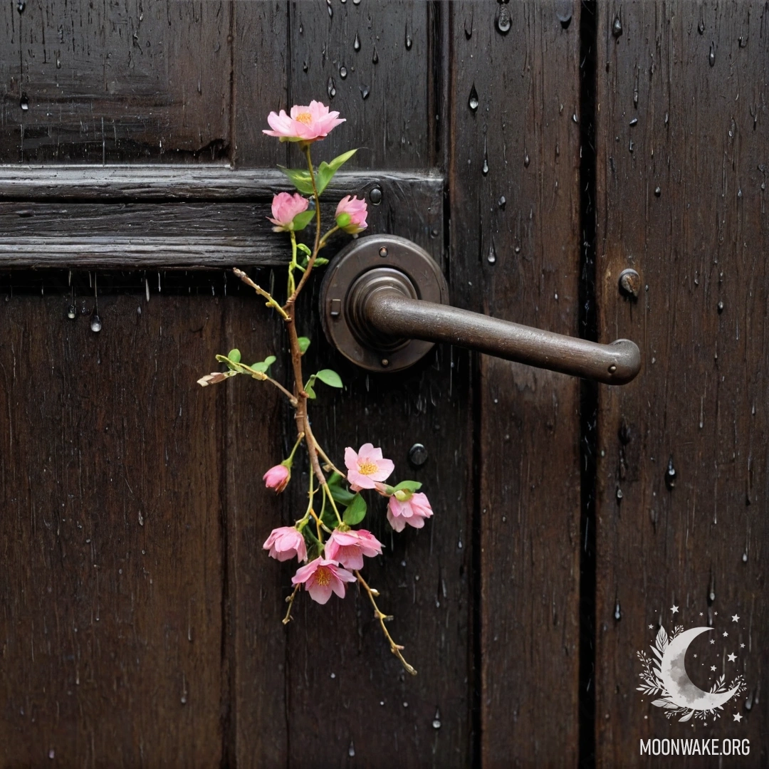 A shabby door adorned with twigs and flowers on the handle, rain falling around it.