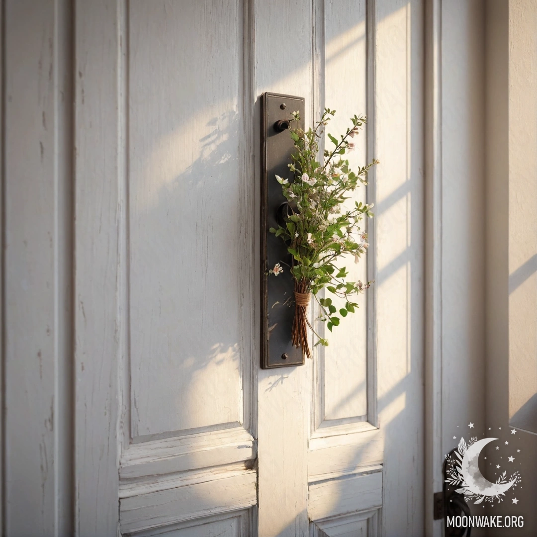 A realistic shabby door adorned with twigs and flowers on the handle, illuminated by sunlight.