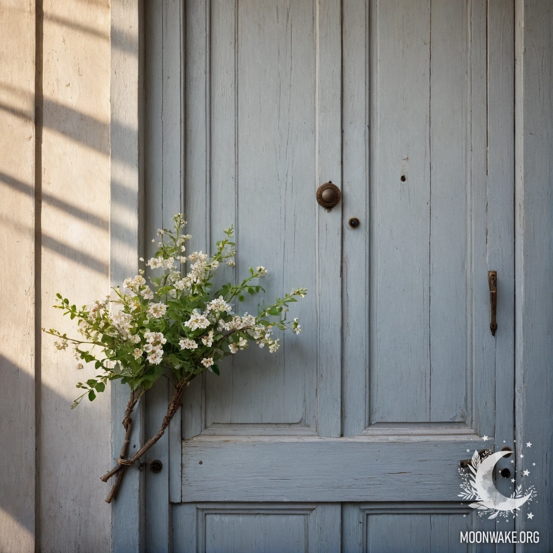 A photograph of a shabby door adorned with twigs and flowers, bathed in soft sunlight.