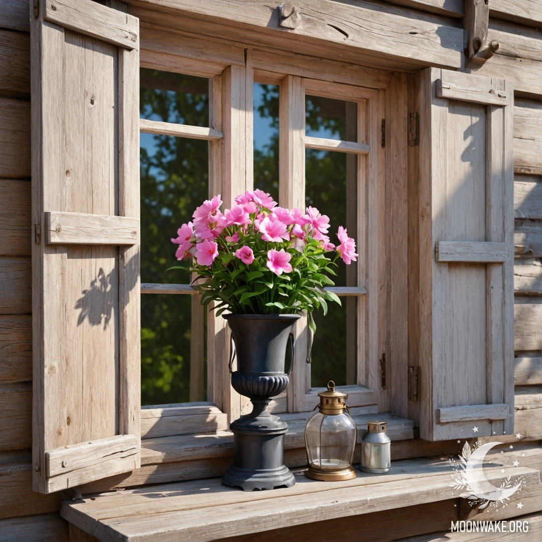 A shabby door adorned with twigs and flowers on the handle, seen at night.