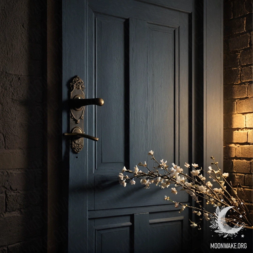 A weathered door with flower-adorned twigs on the handle, set against a night backdrop.