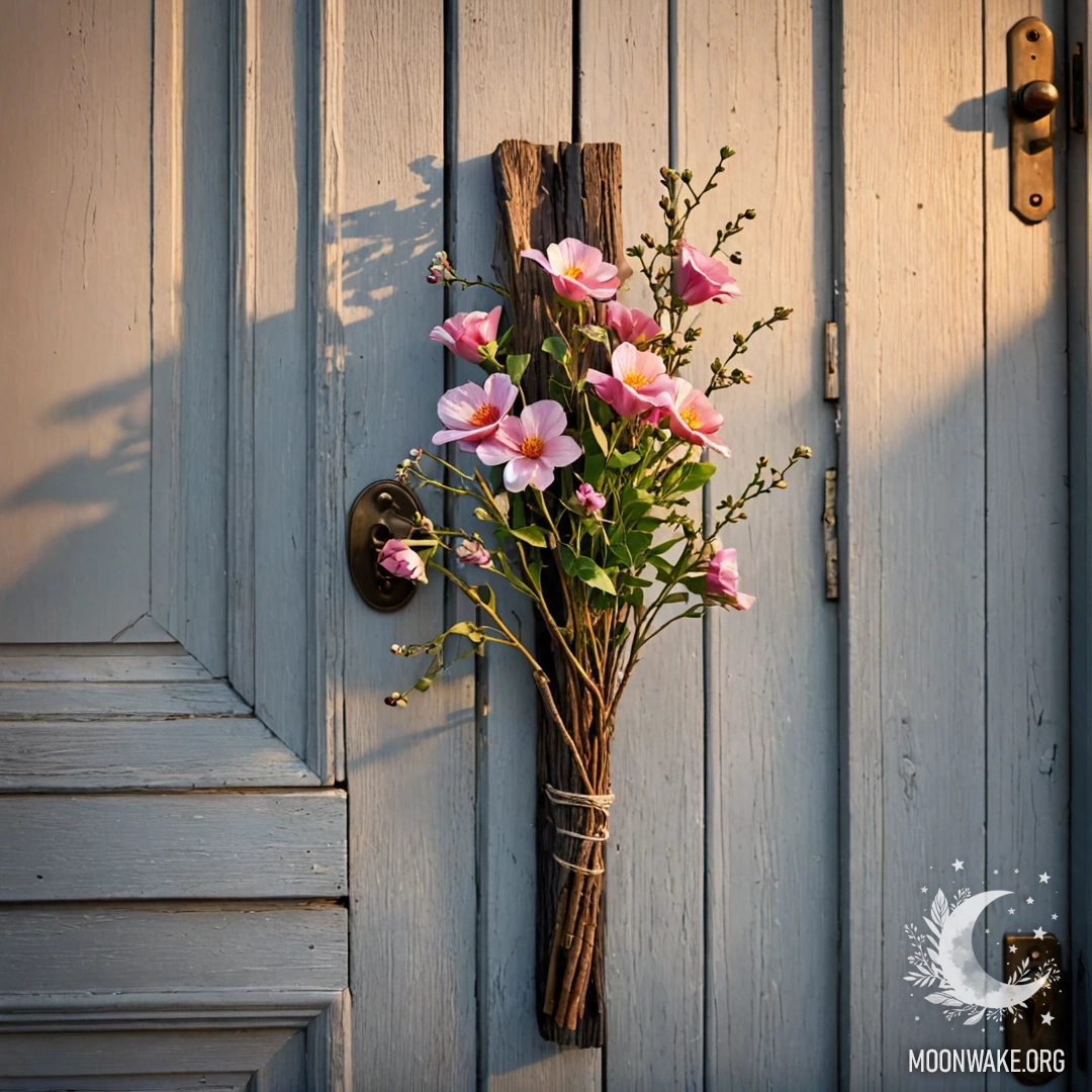 A weathered door adorned with twigs and flowers on the handle, illuminated by the warm glow of sunset.