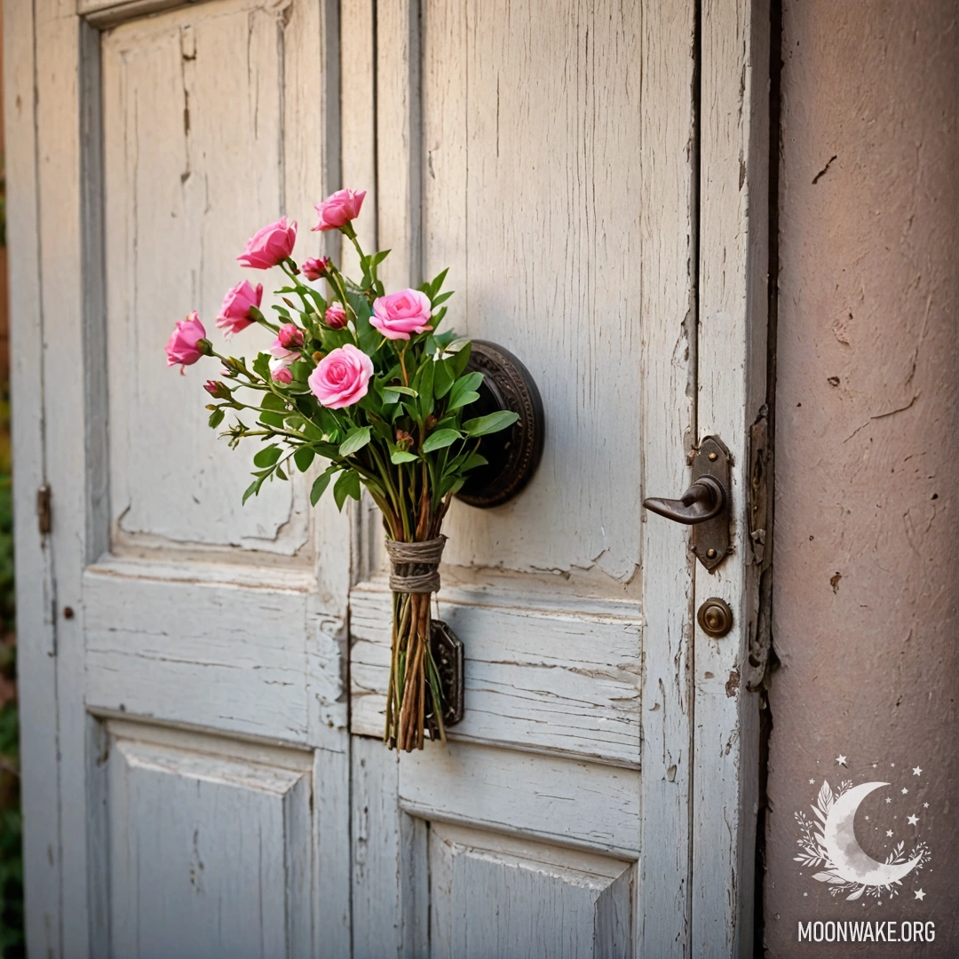 A weathered door adorned with twigs and flowers, basking in sunset light.