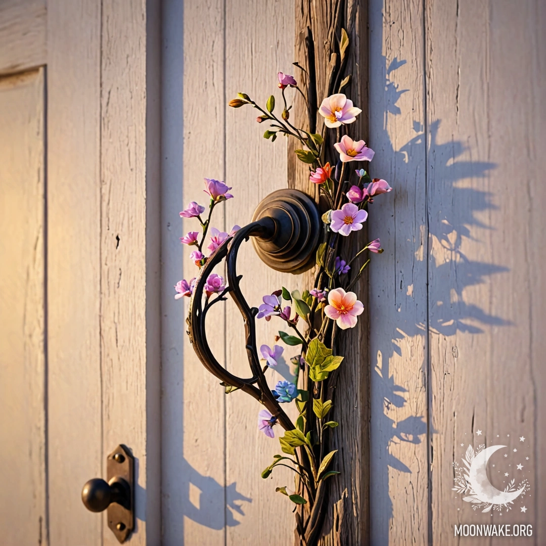 An abstract shabby door adorned with twigs and flowers hanging from the handle at sunset.