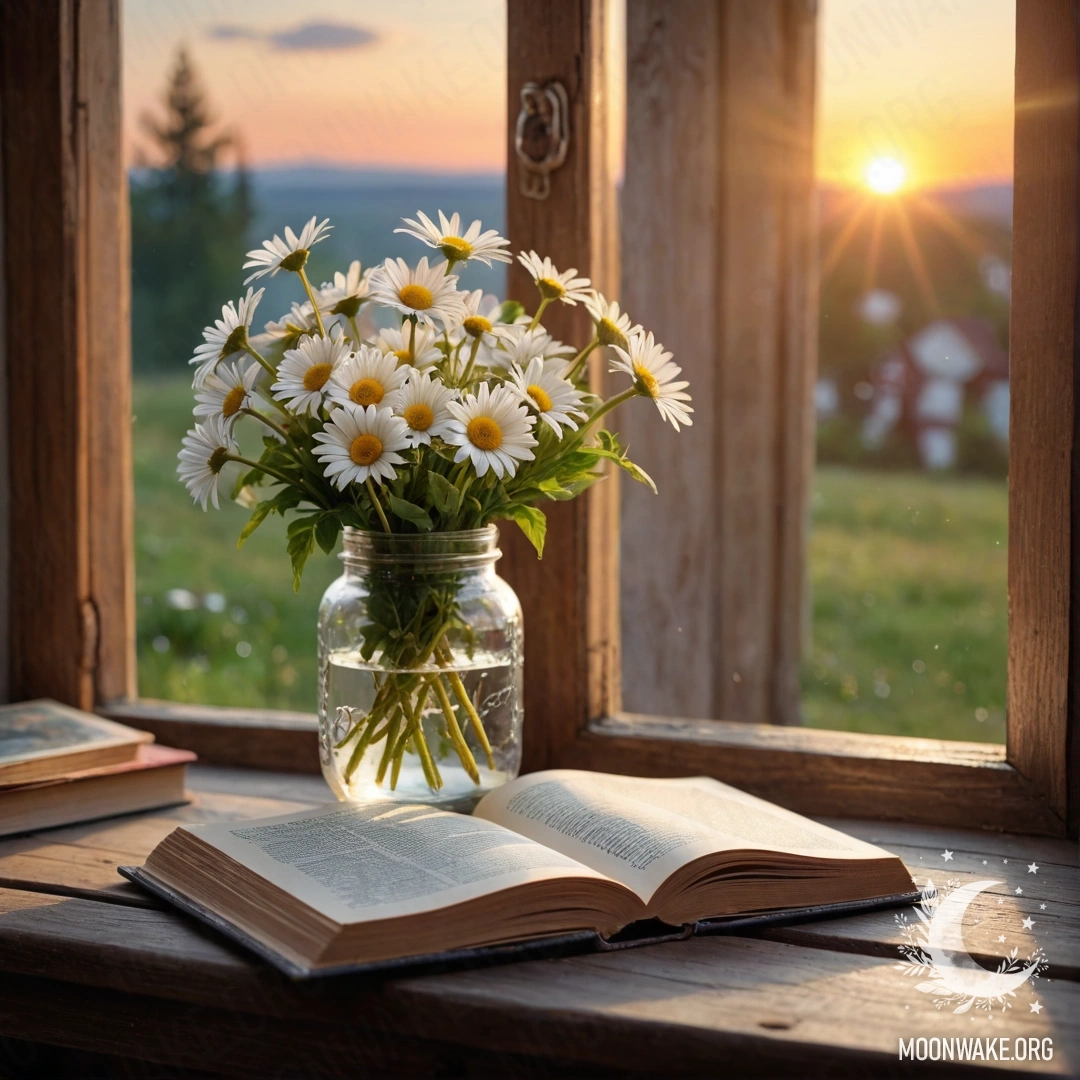 A shabby door adorned with twigs and flowers on the handle, illuminated by the sunset.