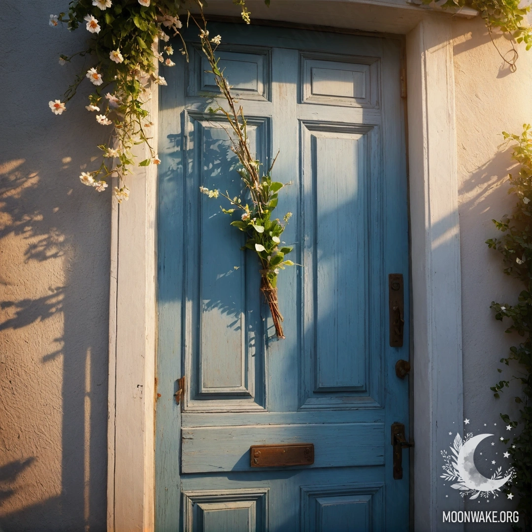 A shabby door adorned with twigs and flowers on the handle during sunset.