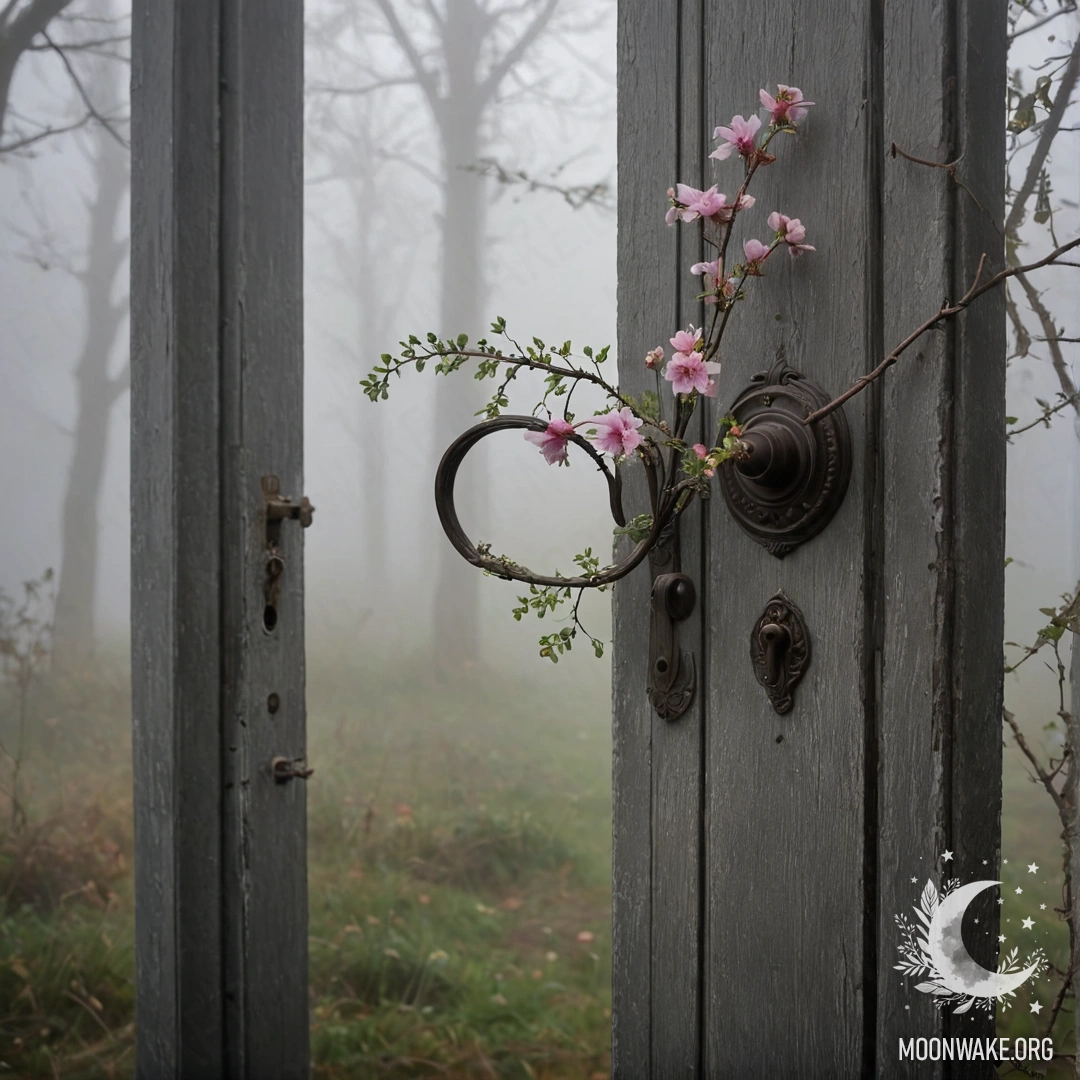 A shabby door adorned with twigs and flowers, surrounded by heavy fog.