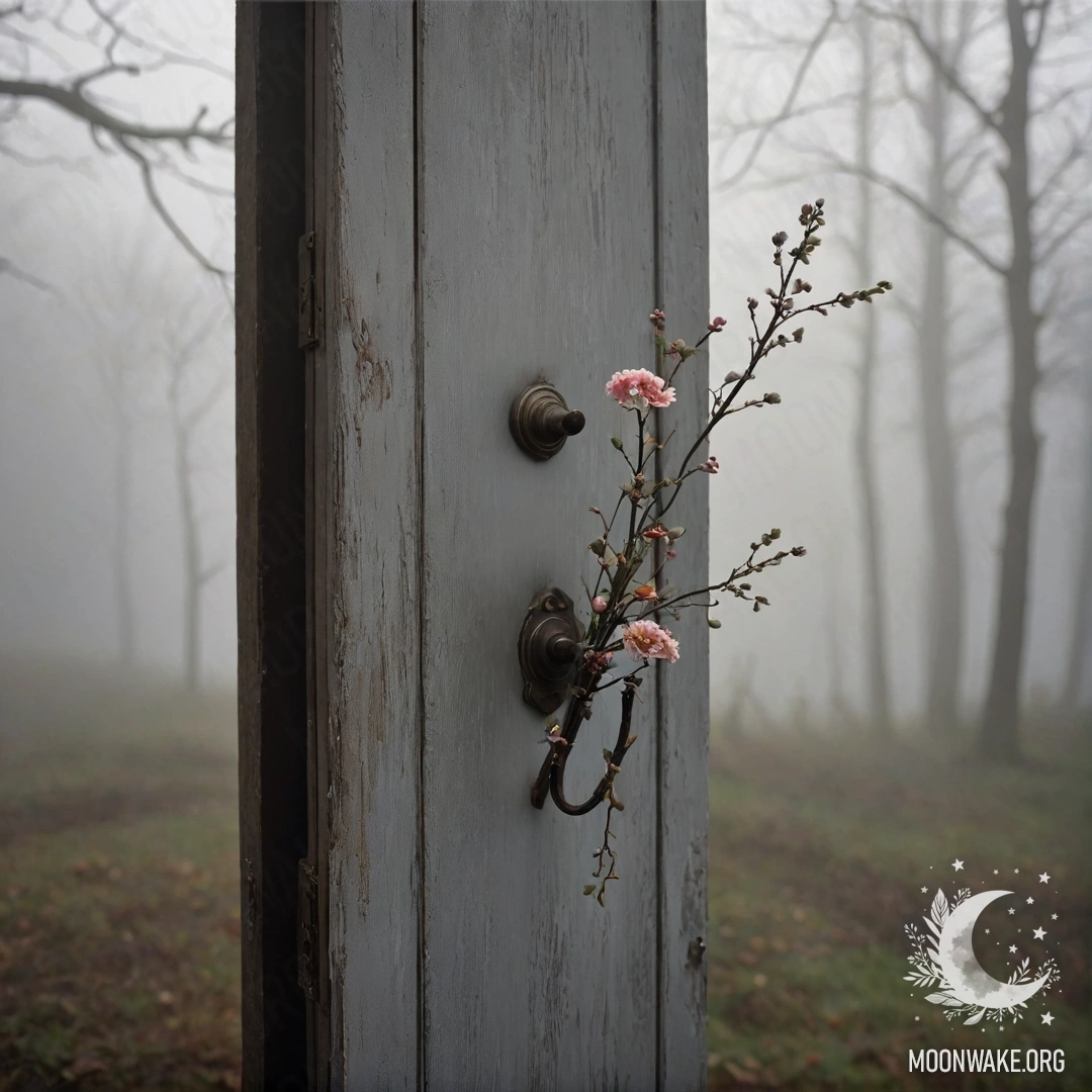 A shabby door adorned with twigs and flowers, enveloped in thick fog.