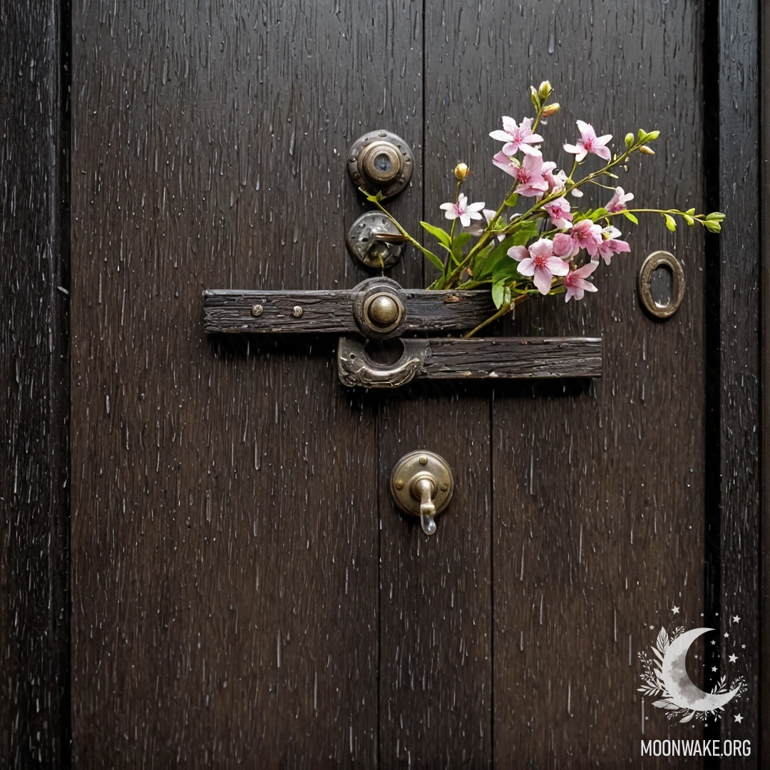 A shabby door adorned with twigs and flowers, glistening in the rain.