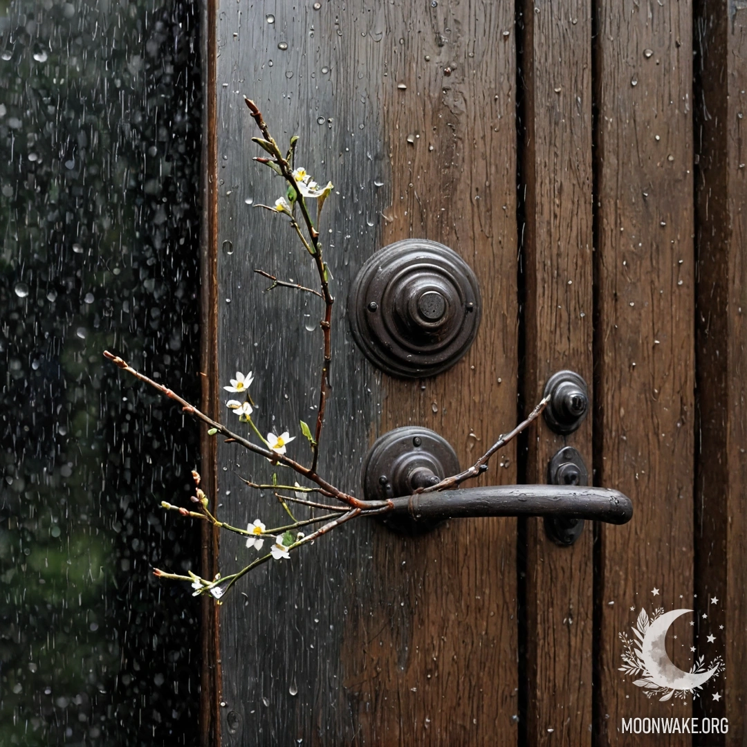 A weathered door adorned with twigs and flowers on the handle, drenched in rain.