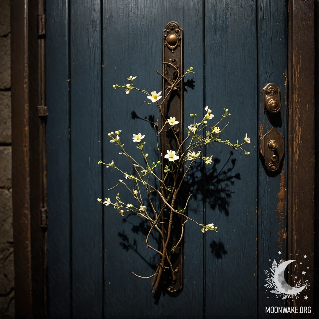 A shabby door adorned with twigs and flowers on the handle, captured at nighttime.