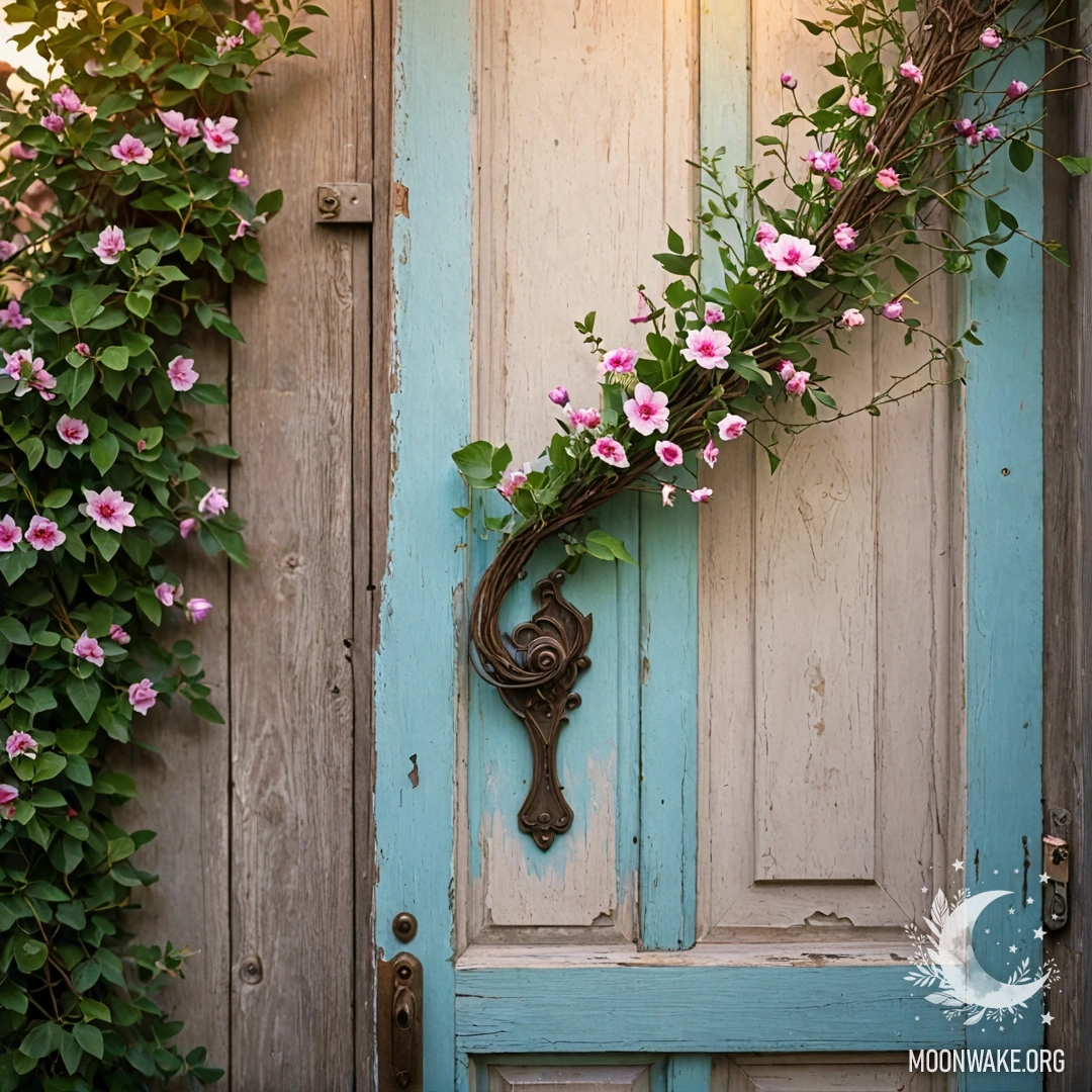 A shabby door adorned with twigs and flowers on the handle during sunset.