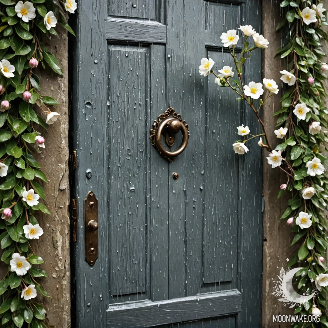 A shabby door adorned with twigs and flowers on the handle, drenched by rain.