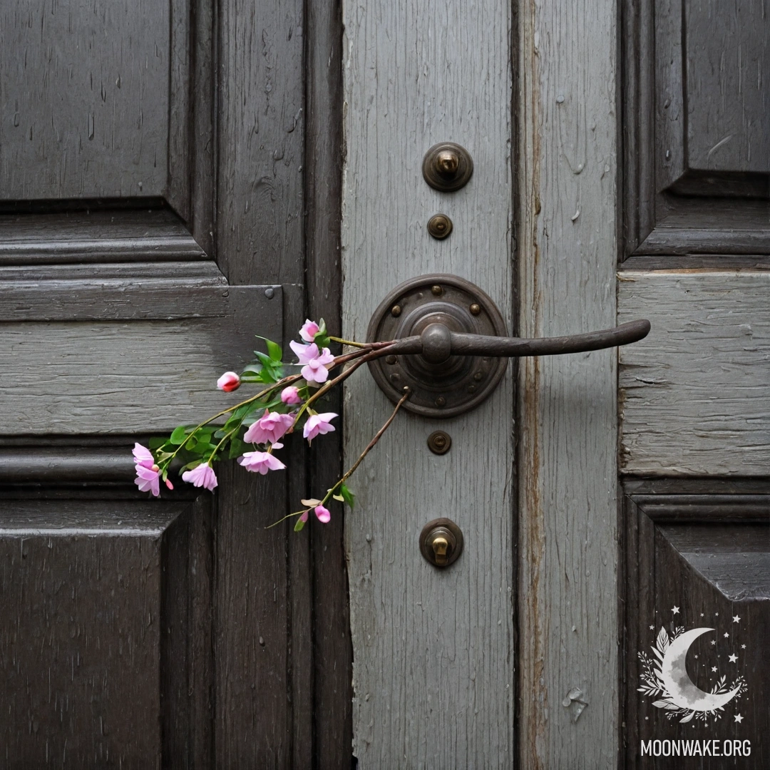 Shabby Door with Floral Accent in the Rain A weathered door adorned with twigs and flowers on the handle, rainy backdrop.