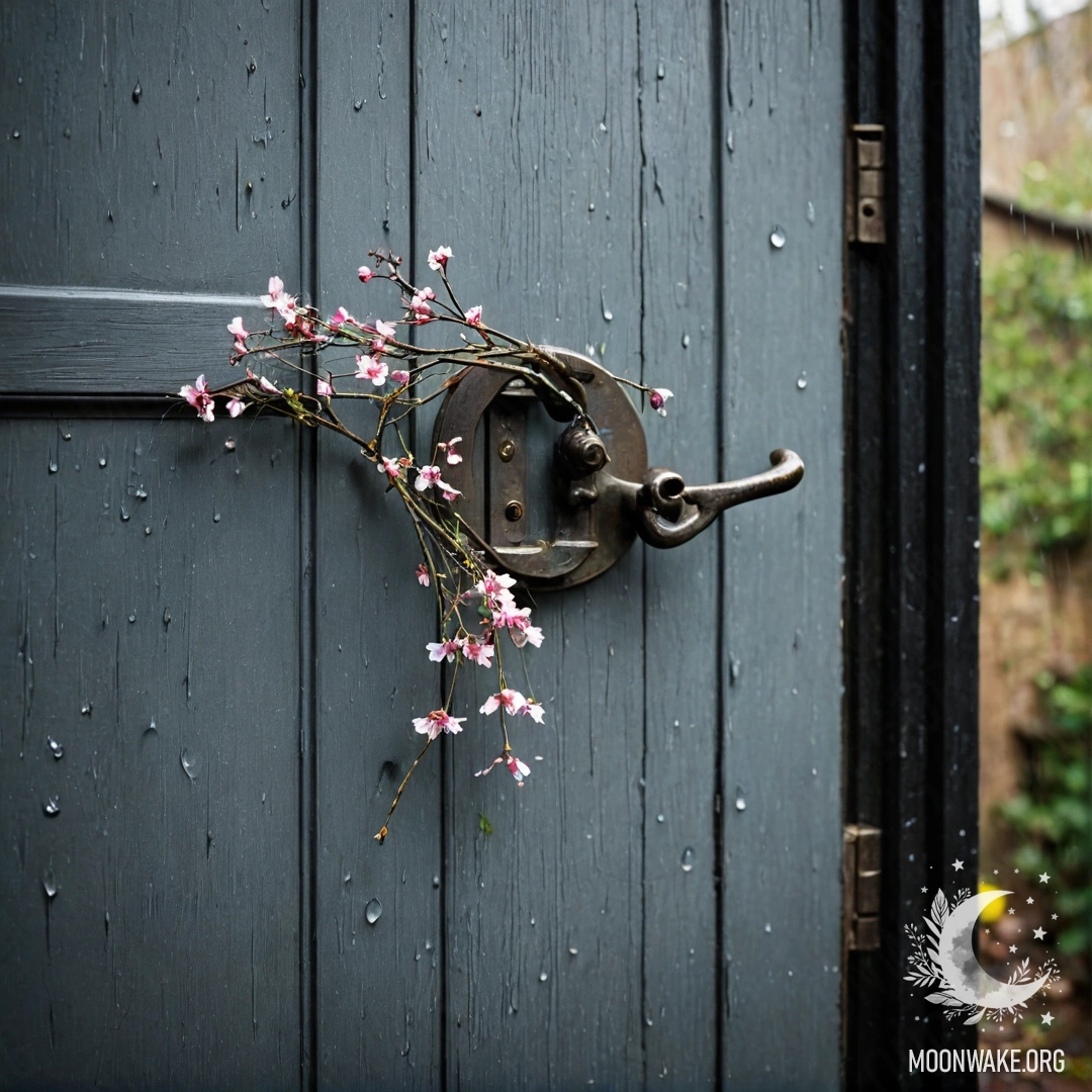 Shabby Door with Flower Twigs in the Rain A shabby door adorned with twigs and flowers, while rain falls.