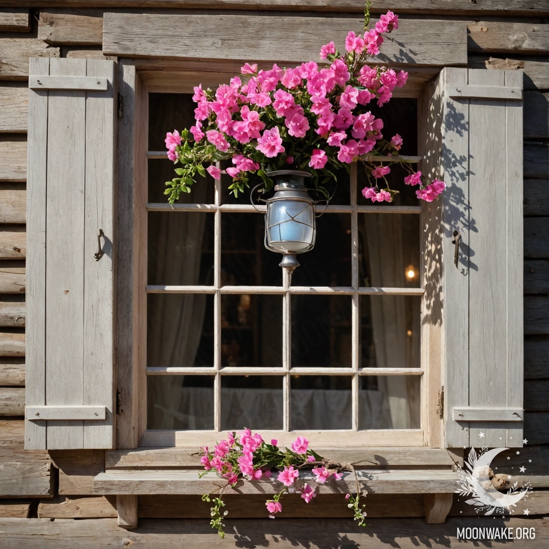 A weathered door adorned with twigs and flowers on the handle, reflecting sunlight.
