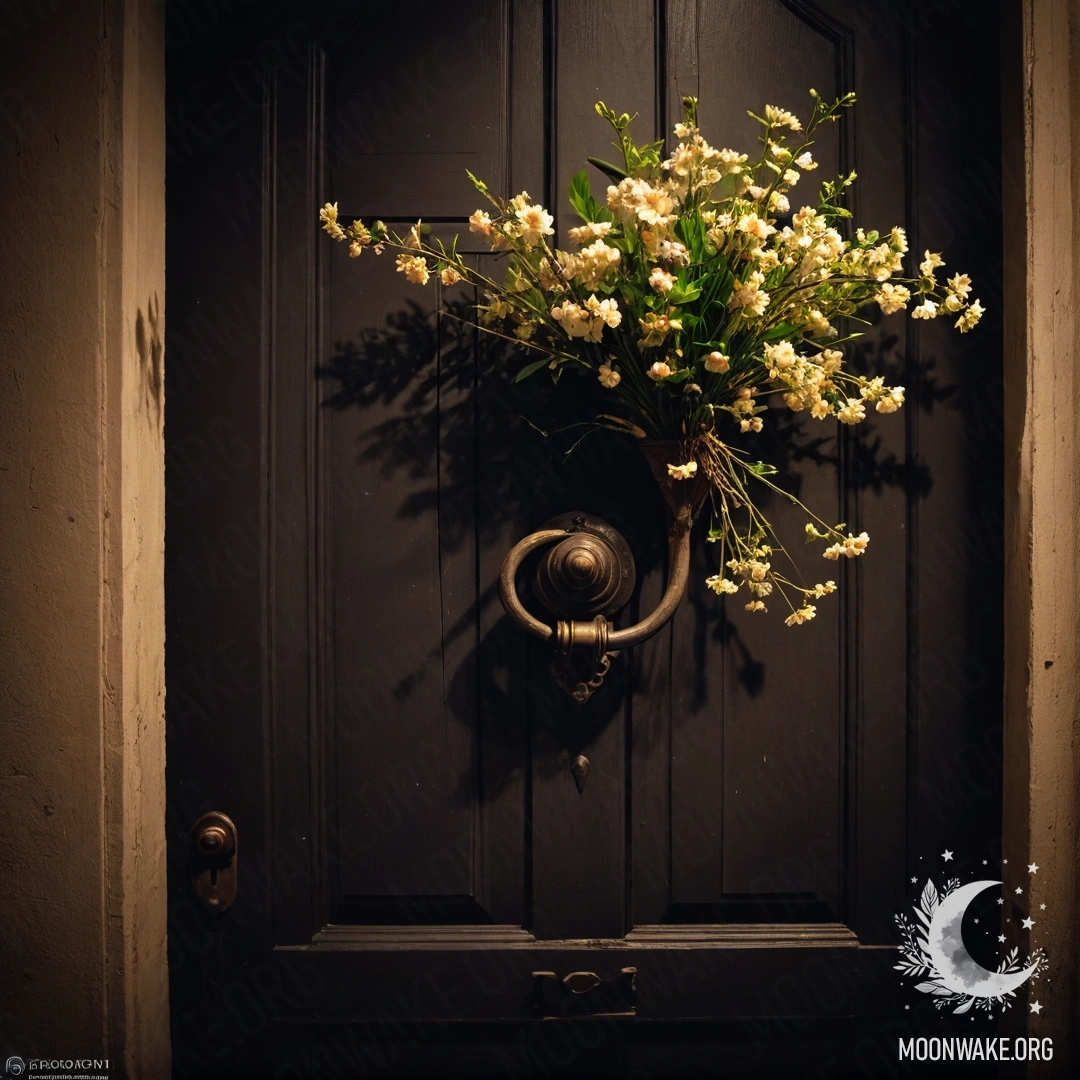 A photograph of a shabby door adorned with twigs and flowers on the handle, taken at night.