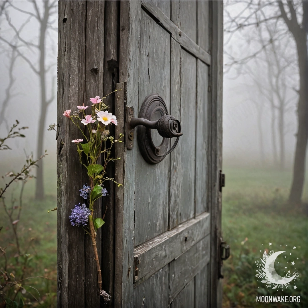 Shabby Door with Twigs and Flowers in Fog A shabby door adorned with twigs and flowers, enveloped in dense fog.
