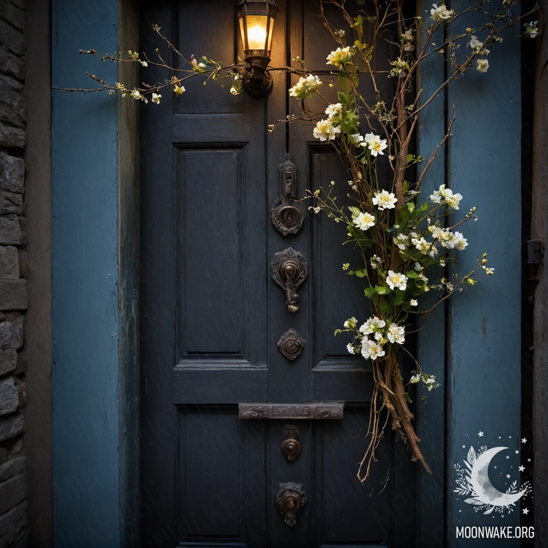 A shabby door adorned with twigs and flowers on the handle at night.