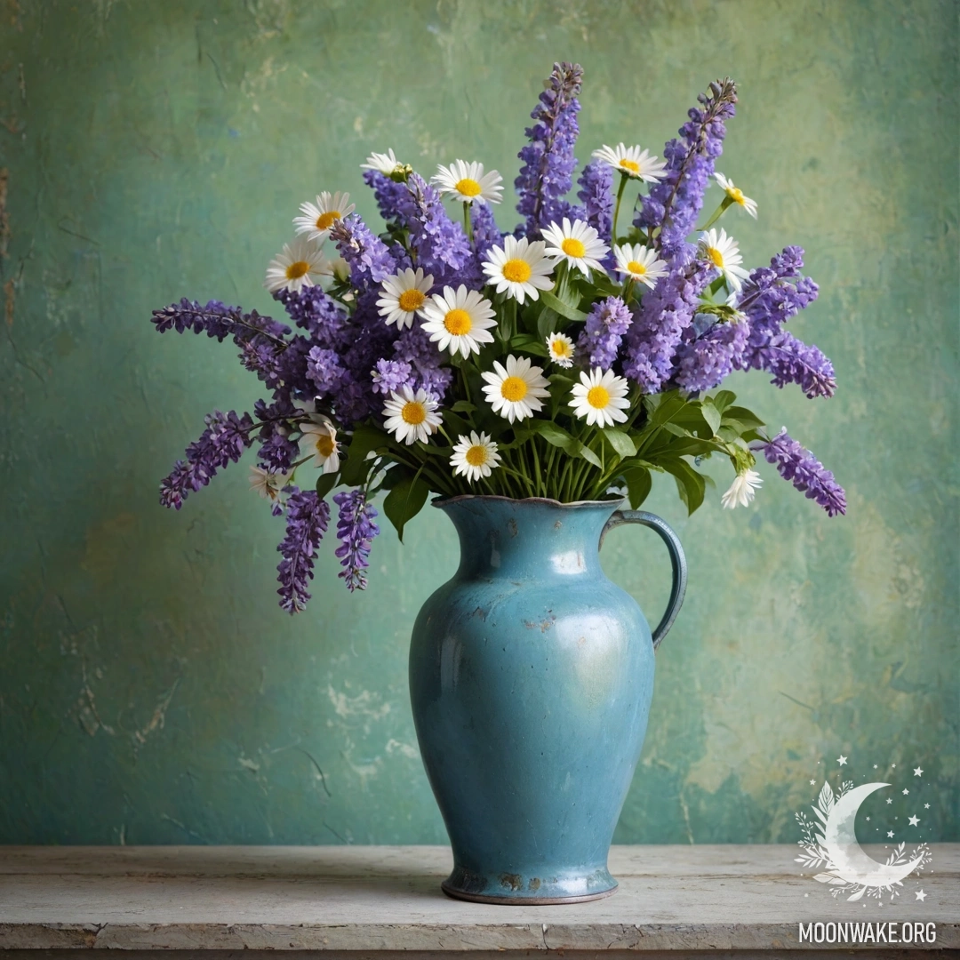 A shabby metal blue vase filled with daisies and lilacs against a greenish wall.