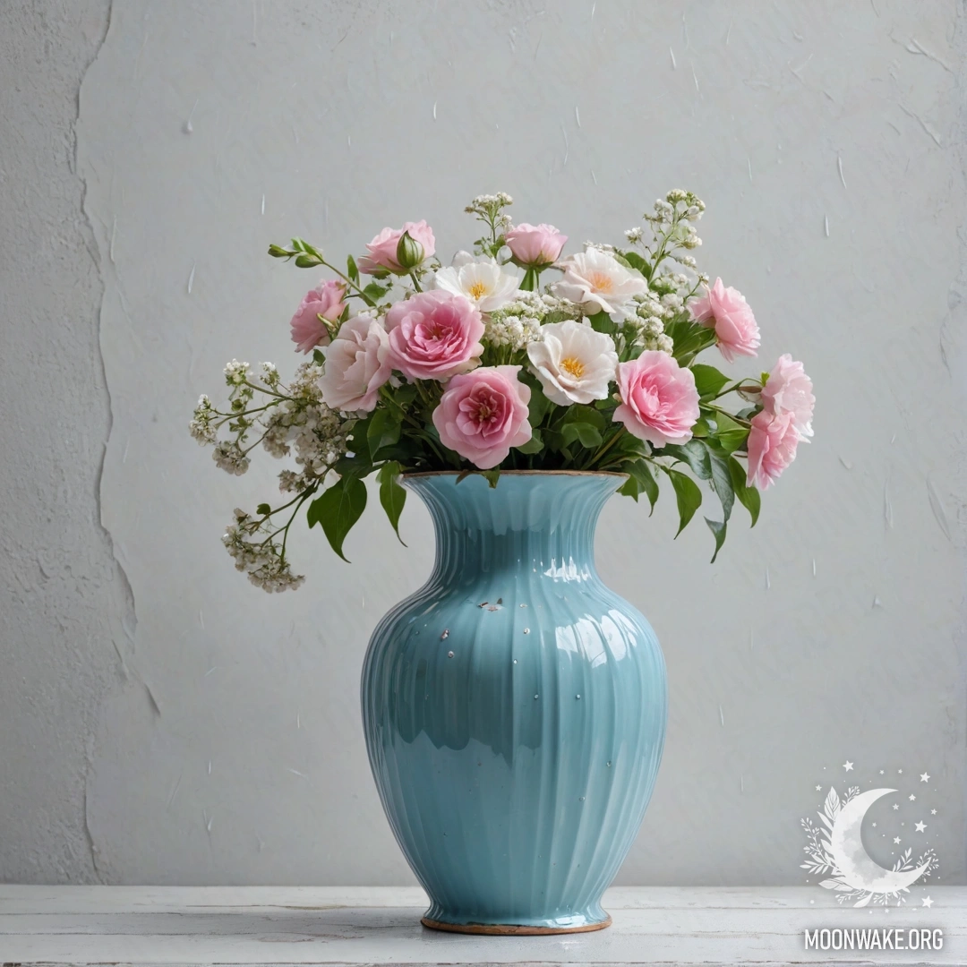 Delicate Blue Vase with Flowers A shabby pastel blue vase filled with white and pink flowers against a white wall, with raindrops visible.
