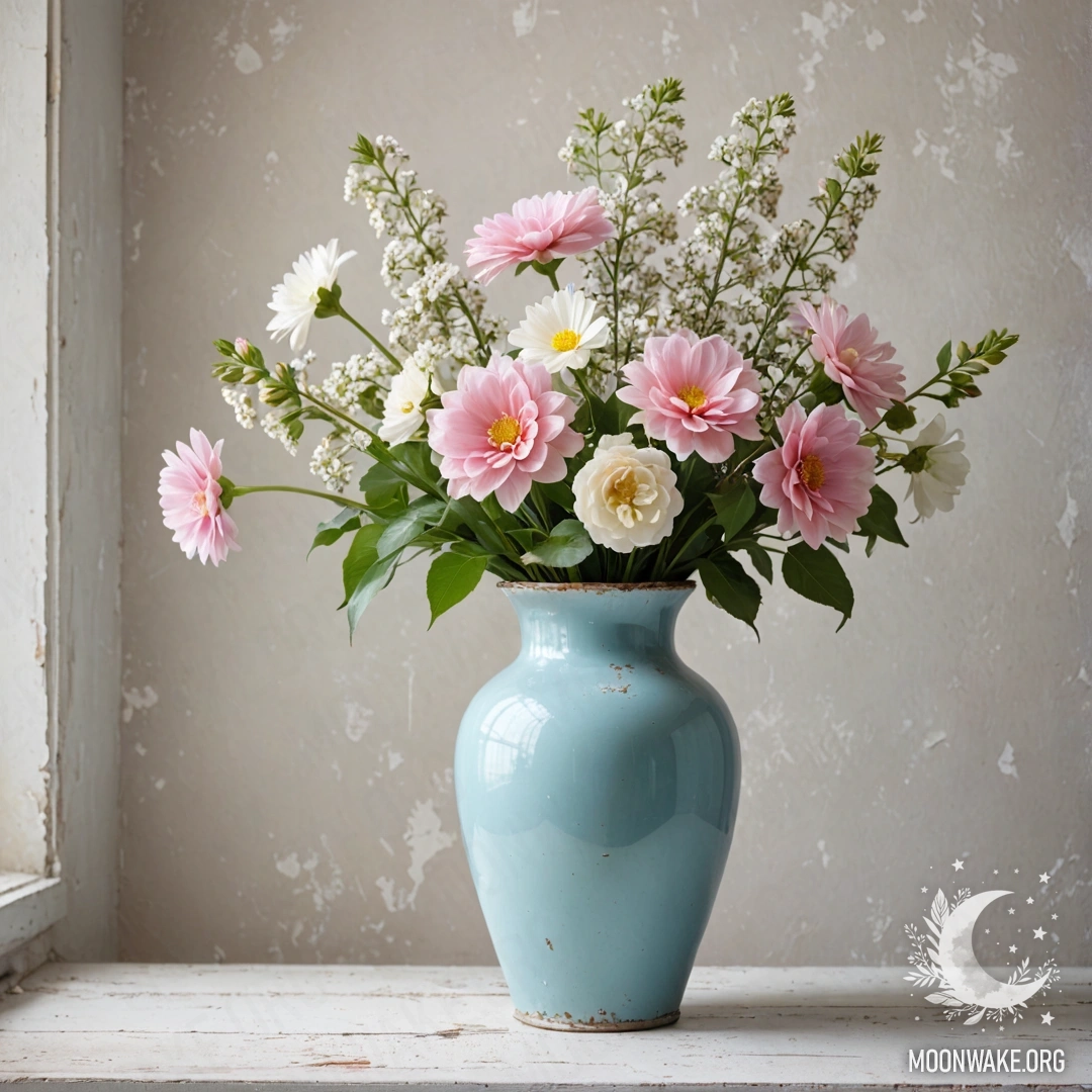 A shabby pastel blue vase with white and pink flowers against a shabby white wall.