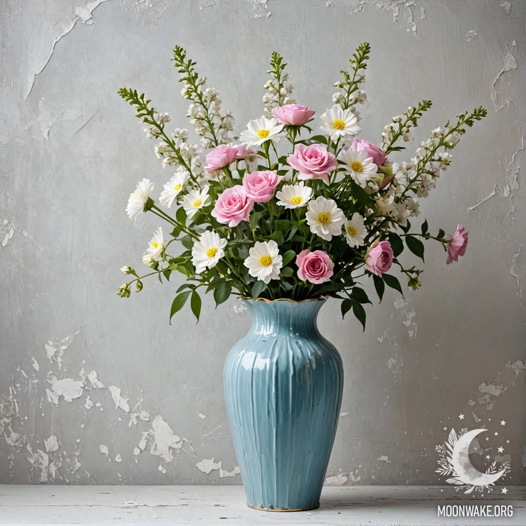 Pastel Blue Vase with Flowers A shabby pastel blue vase with white and pink flowers against a shabby white wall at night.