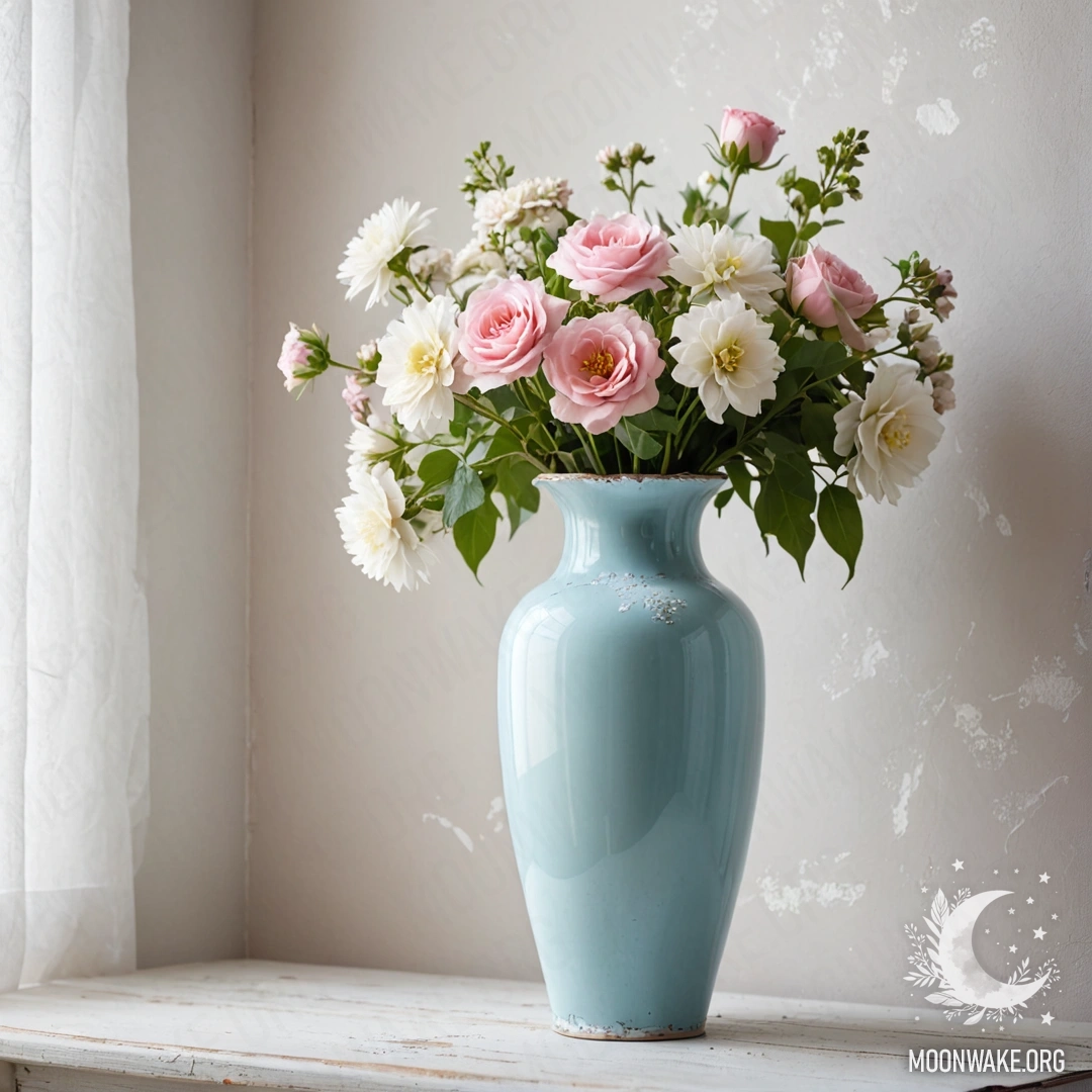 A shabby pastel blue metal vase filled with white and pink flowers against a weathered white wall adorned with garland lights.