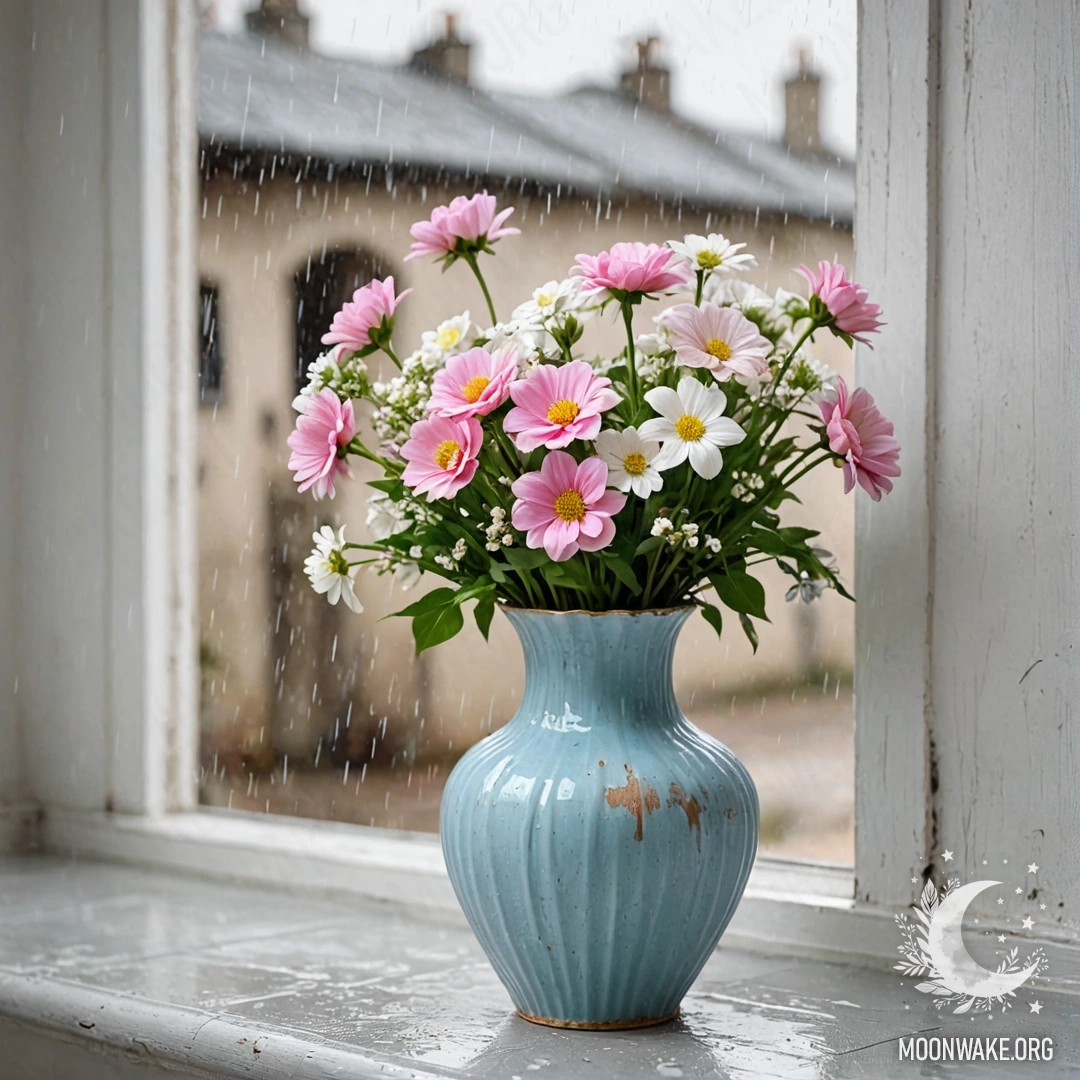 Serenity of Flowers in Rain A shabby pastel blue vase filled with white and pink flowers against a worn white wall, rain falling around it.