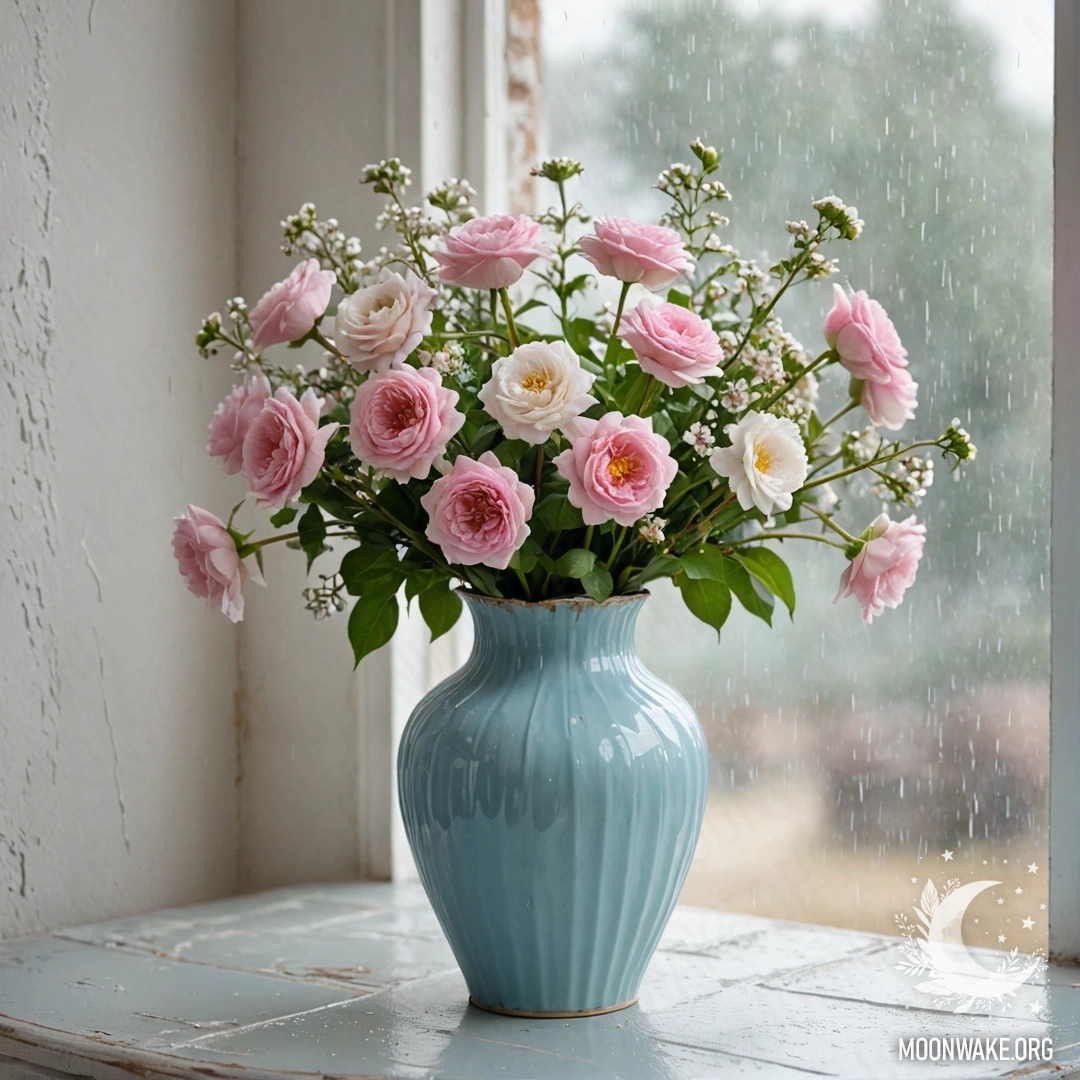 Pastel Blue Vase with Flowers in the Rain A shabby metal vase in pastel blue filled with white and pink flowers, set against a worn white wall, with rain falling around it.