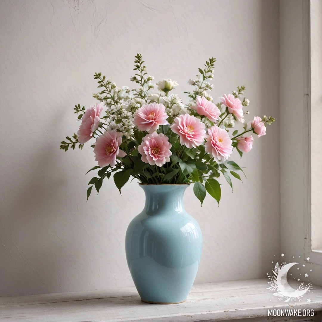 A shabby pastel blue vase with white and pink flowers against a shabby white wall during sunset.
